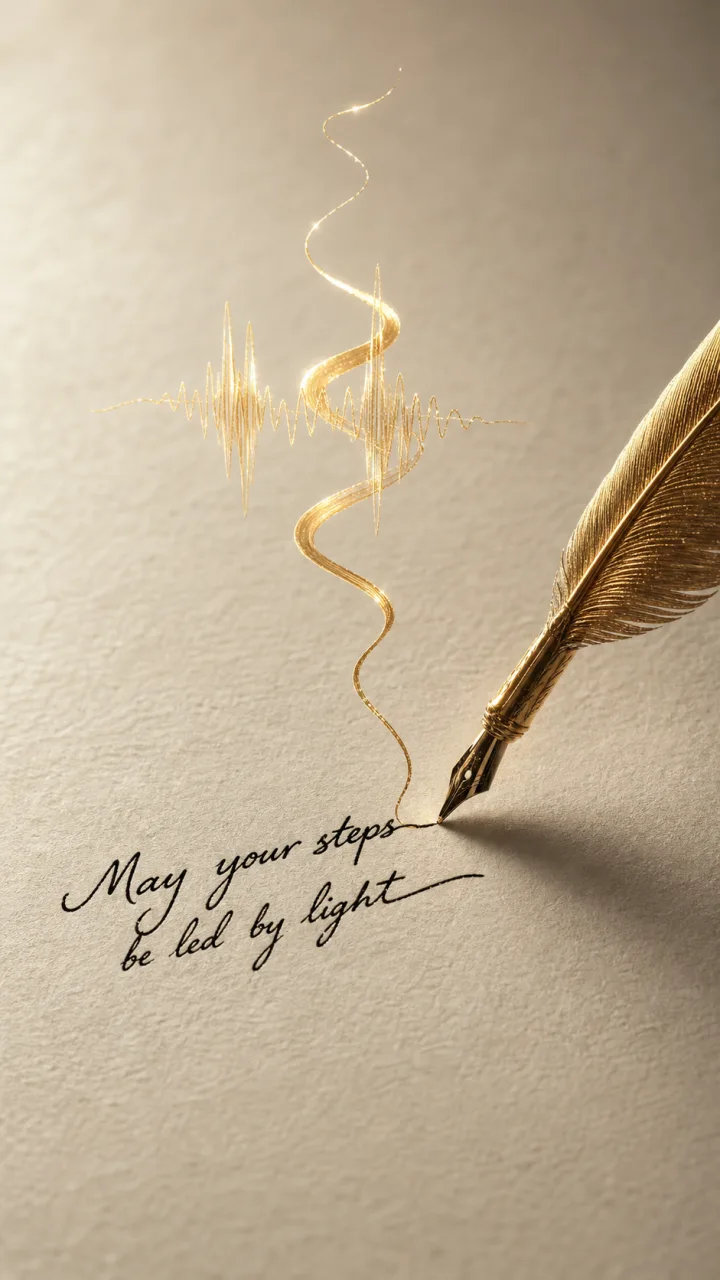 A golden quill turning a message into a sound wave